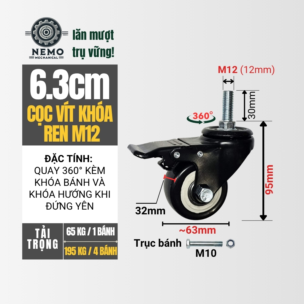 Bánh xe đẩy hàng đen trắng, loại cọc vít, có bạc đạn, đường kính bánh 4cm và 5cm, 40-50kg/1bánh